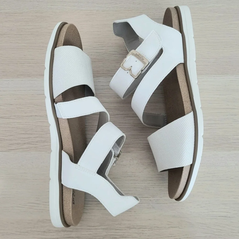 Dr Scholl's Timeless Fun Sandals White Tan Strappy Buckle Foam Footbed 8
